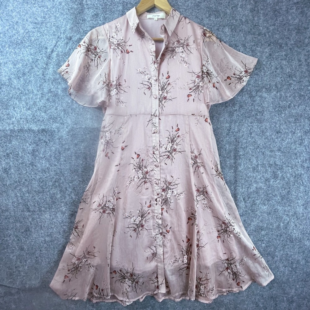 Simple Retro Dress Womens XS Pink Sheer Button Front Country Romantic Feminine